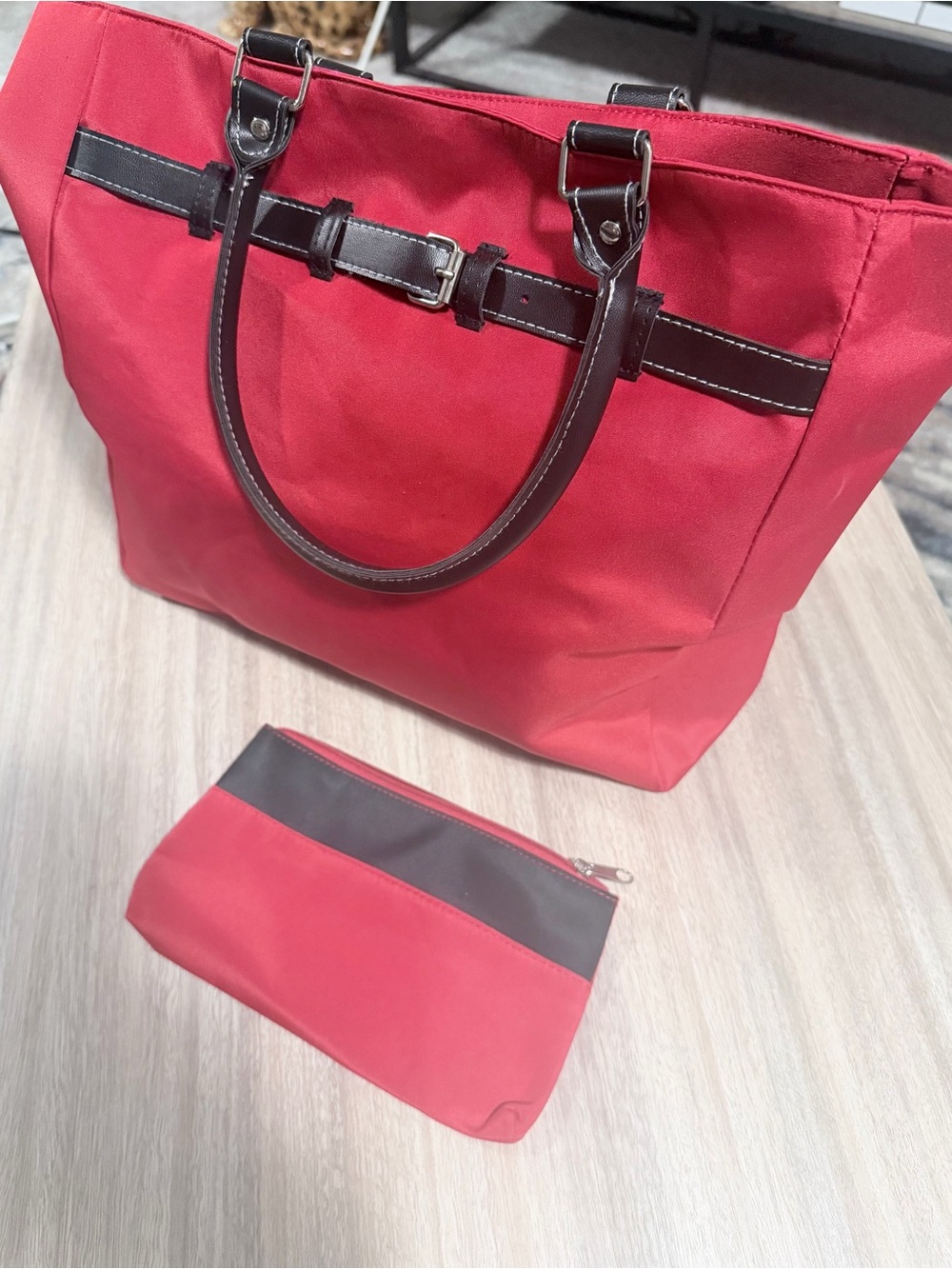 Allure Red Tote Bag with Dark Brown Handles and Matching Pouch
